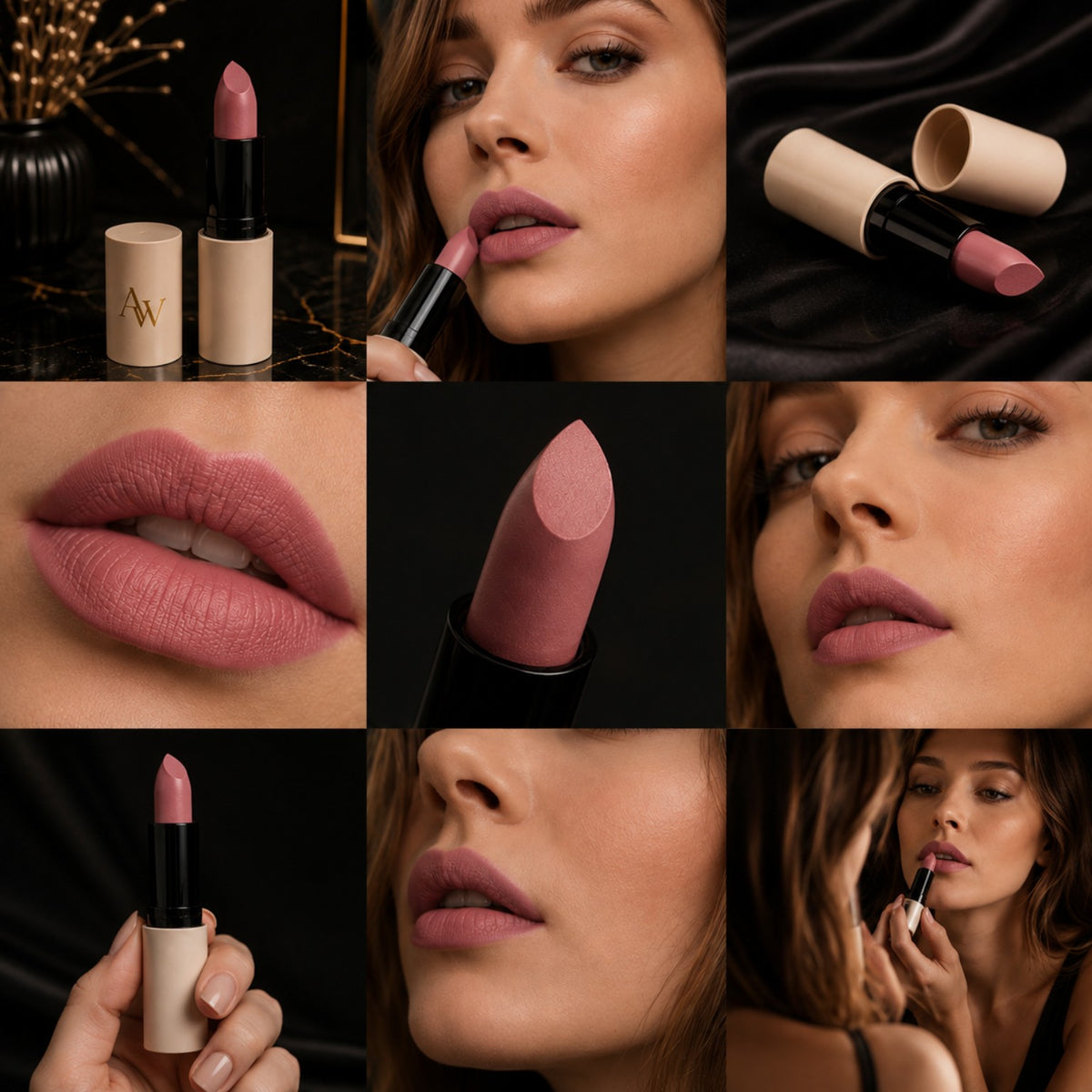 ANTLITZWERK Lippenstift Rose Samt in Rosé-Mauve – Beauty-Collage mit Produktdetails, Lippen-Makros und Model.