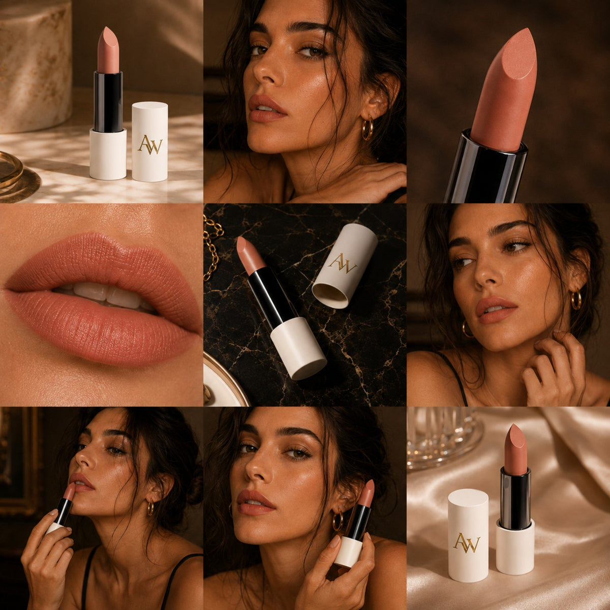 ANTLITZWERK Lippenstift Terracotta Glut in warmem Terrakotta-Nude – Beauty-Collage mit Produktdetails, Lippen-Makros und Model.