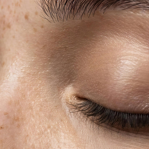 Gros plan sur un contour de l’œil fermé et nettoyé, avec une texture de peau naturelle.