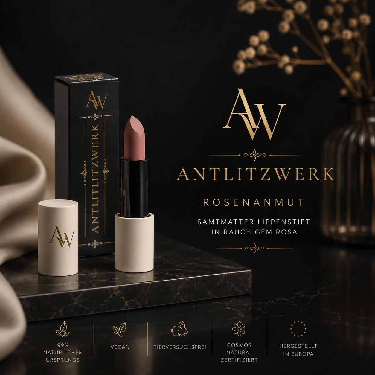 ANTLITZWERK ROSENANMUT – Veganer matter Lippenstift in Rauchrosa