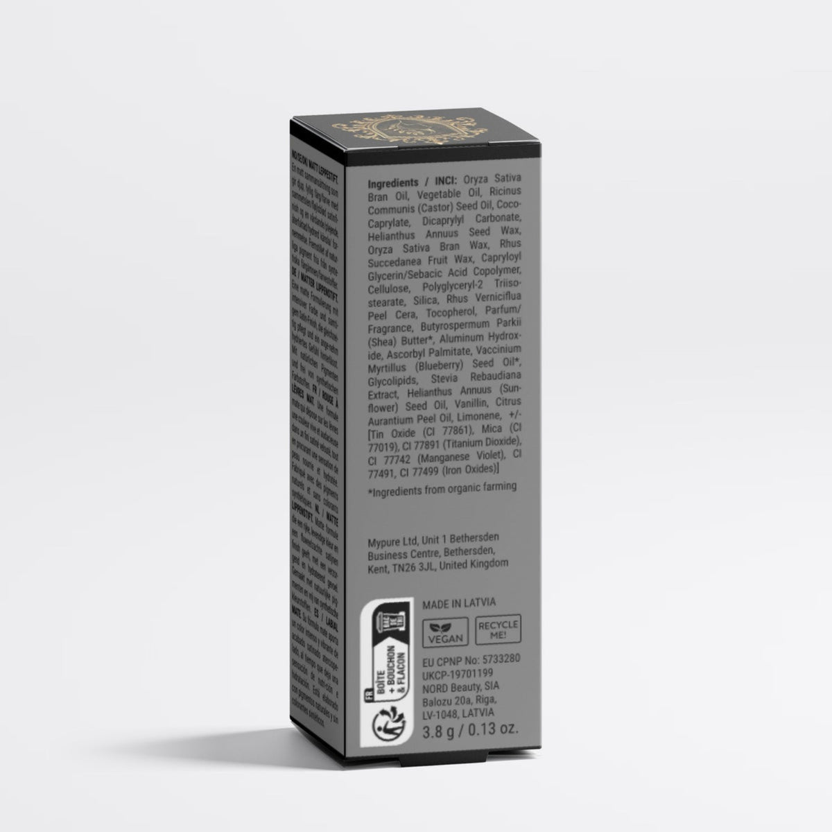 Schwarze ROSENANMUT Faltschachtel in der Rückansicht mit Produktangaben auf weißem Hintergrund.