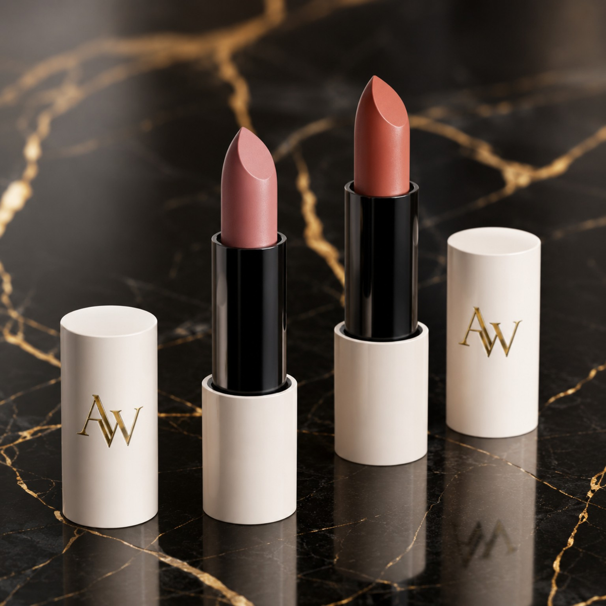 Beide ROSENANMUT Lippenstift-Nuancen mit weißen Hülsen und schwarzer Verpackung auf schwarzem Marmor.