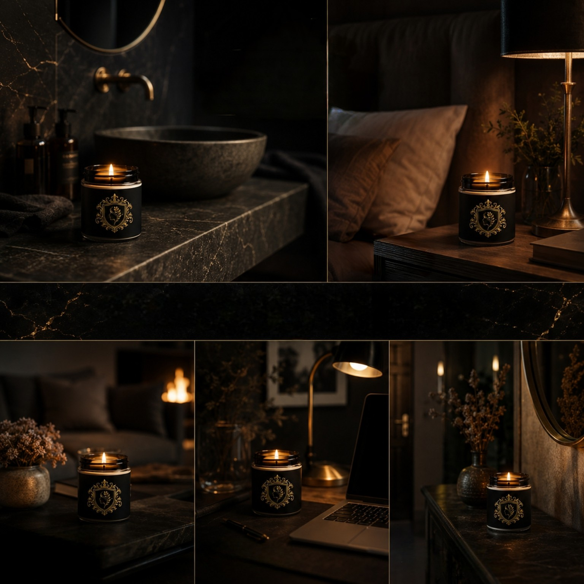 Collage mit brennender SEELENFLAMME Kerze im Badezimmer, Schlafzimmer, Wohnraum, Arbeitsbereich und Eingangsbereich.
