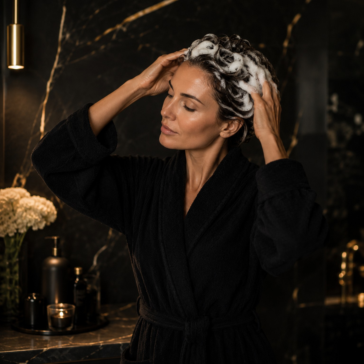 Frau massiert reichhaltigen SEIDENTHRON Shampoo-Schaum in ihr nasses Haar ein.