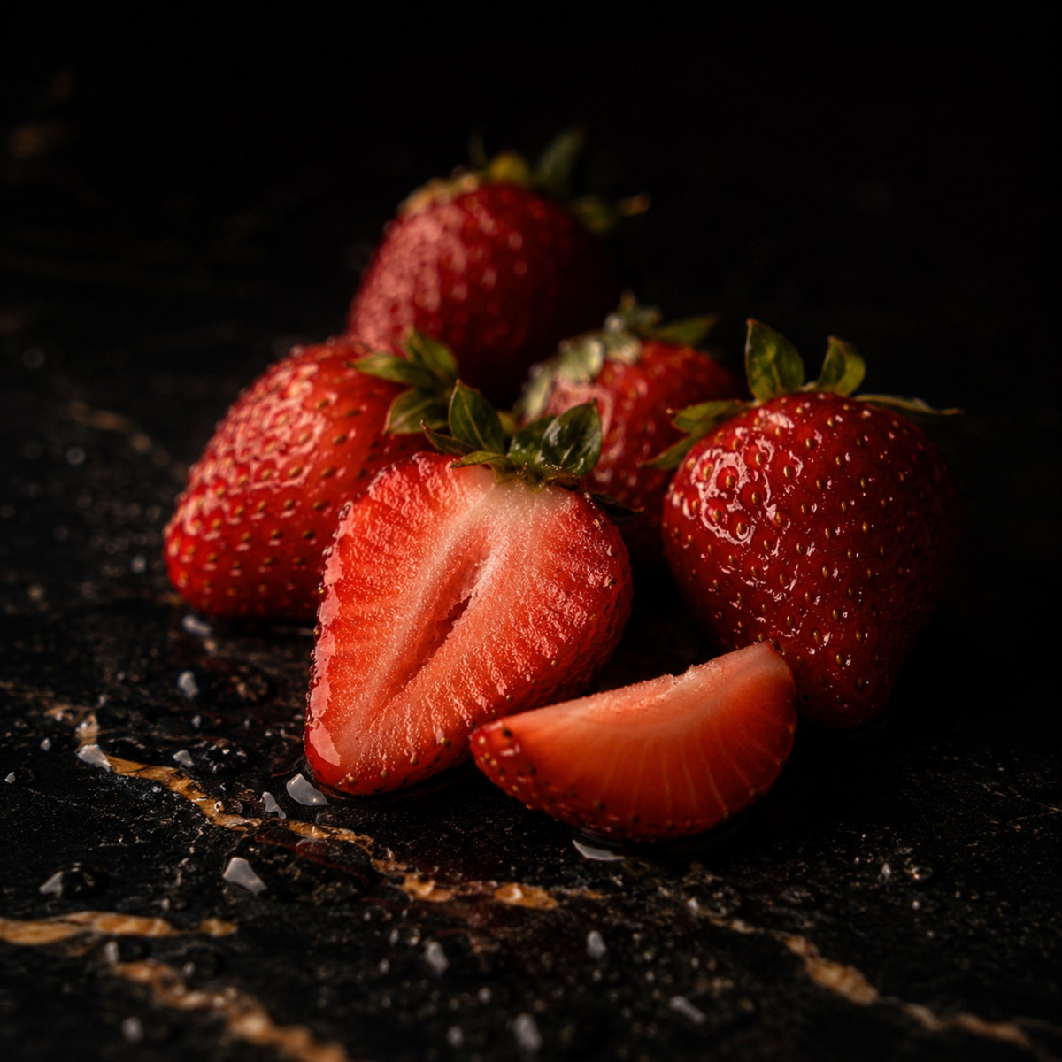 Frische Erdbeeren mit grünen Blättern auf schwarzem Marmor.