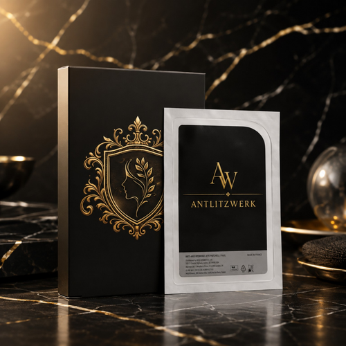 AUGENLICHT Faltschachtel und Sachet mit Hydrogel-Augenpads auf schwarzem Marmor.