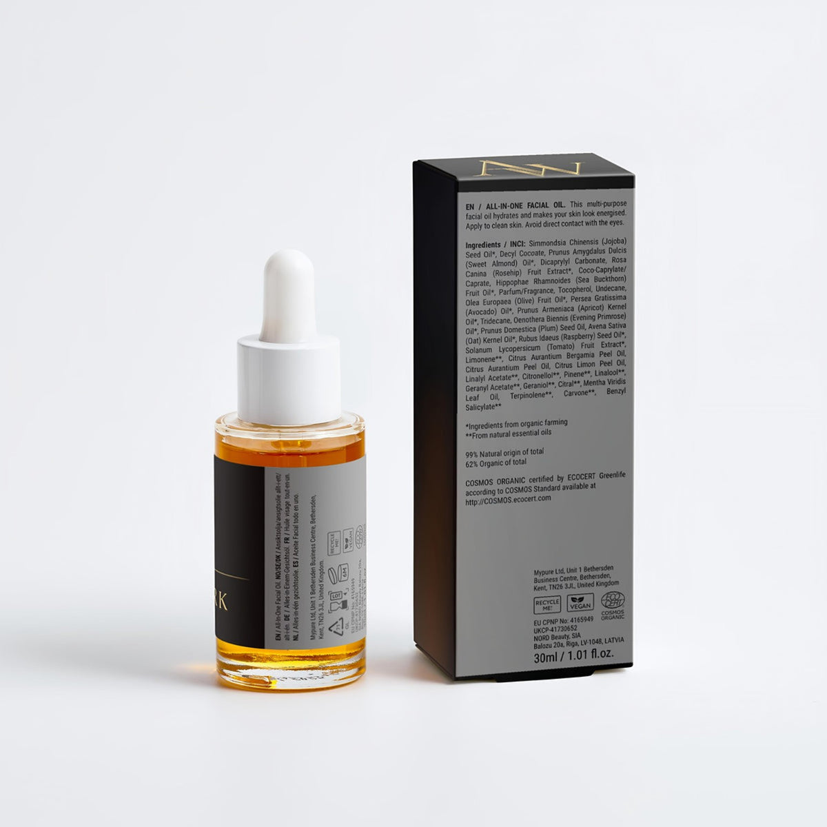 LICHTESSENZ Pipettenflakon und schwarze Faltschachtel, Rückansicht mit Produktangaben auf weißem Hintergrund.