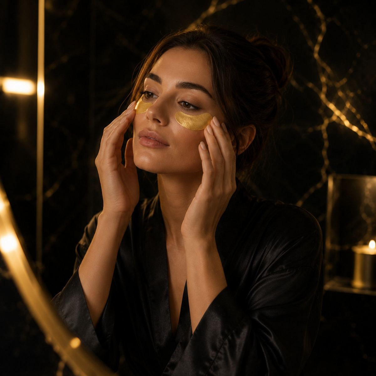 Frau legt goldfarbene AUGENLICHT Hydrogel-Pads unter beide Augen.