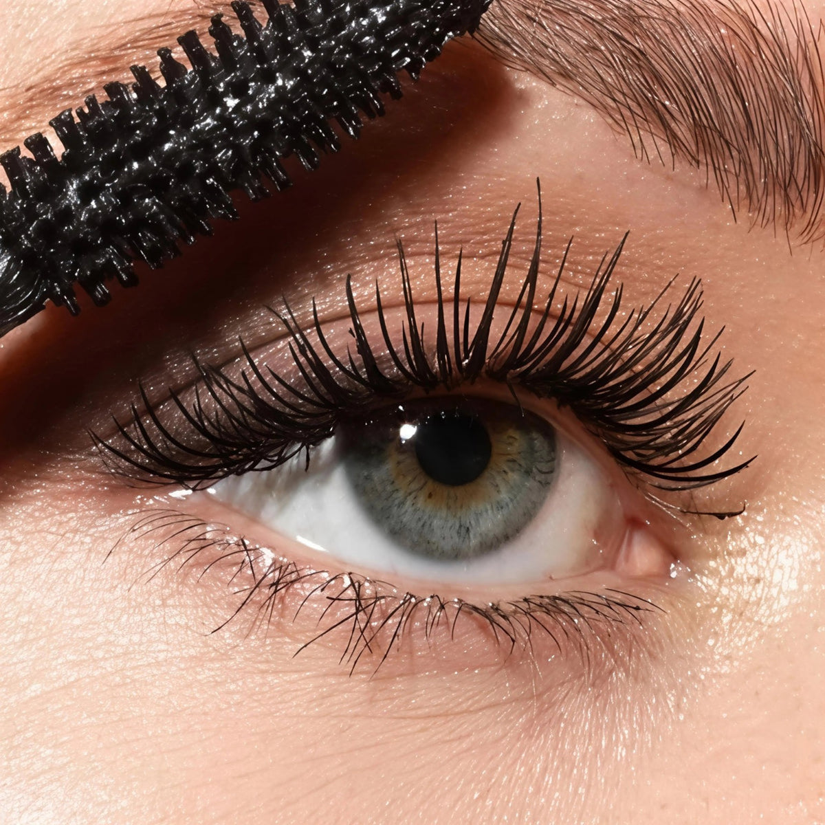 Nahaufnahme eines braunen Auges mit getuschten Wimpern und sichtbarer Mascarabürste.