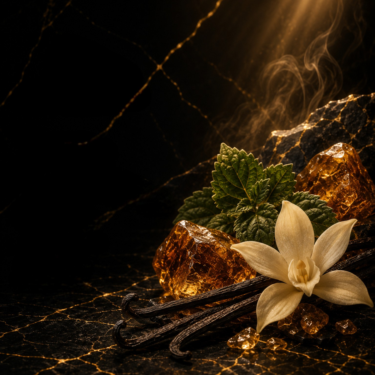 Vanilla blossom, dark resins and green leaves forming the scent world of SEELENBAD on black marble.