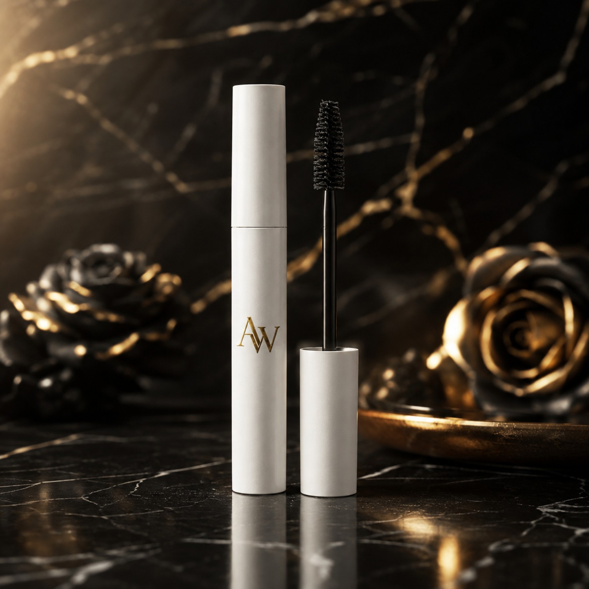 WIMPERNWERK Mascara mit weißer Hülse, geöffneter Bürste und schwarzer Faltschachtel auf schwarzem Marmor.