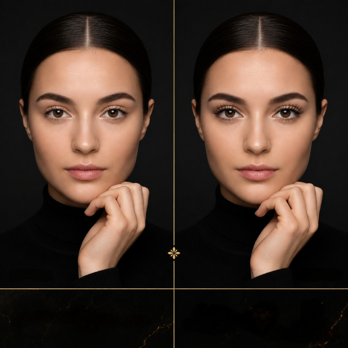 Porträtvergleich derselben Frau mit natürlicher und deutlich definierter Wimpernwirkung.