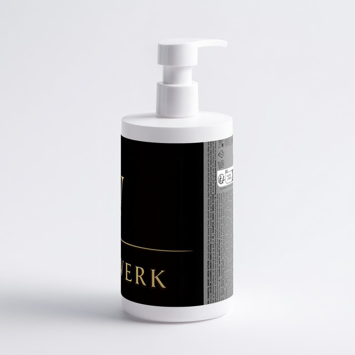 SEIDENTHRON Shampoo im schwarzen Pumpspender, Rückansicht mit Produktangaben auf weißem Hintergrund.