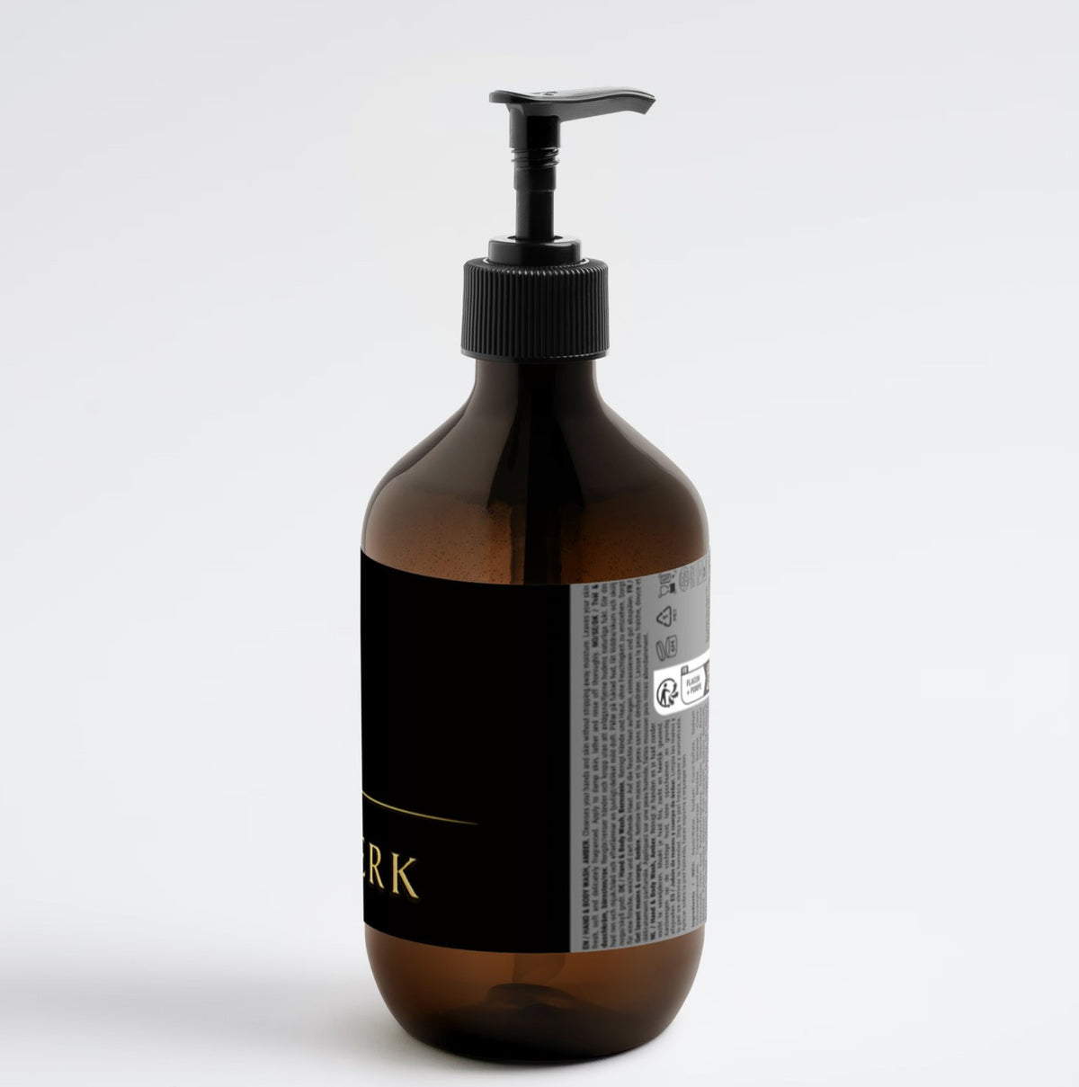 SEELENBAD in an amber pump bottle, rear view with product information on a white background.