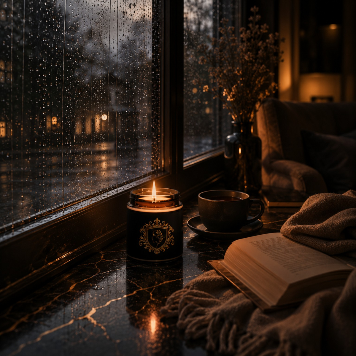 Brennende SEELENFLAMME Kerze neben Buch und Tasse an einem regnerischen Fenster.