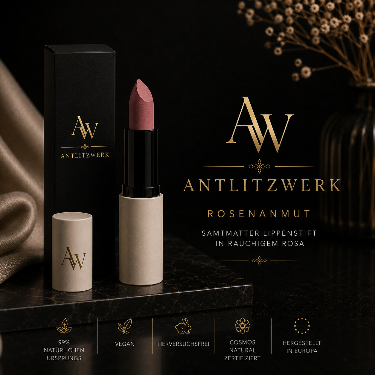 ANTLITZWERK ROSENANMUT – Veganer matter Lippenstift in Rauchrosa