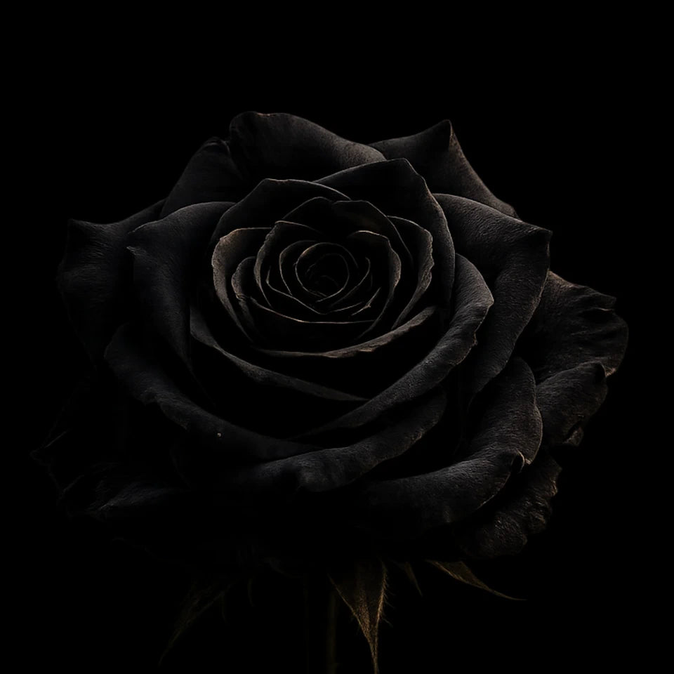 Schwarze Rose mit samtigen Blütenblättern vor schwarzem Hintergrund