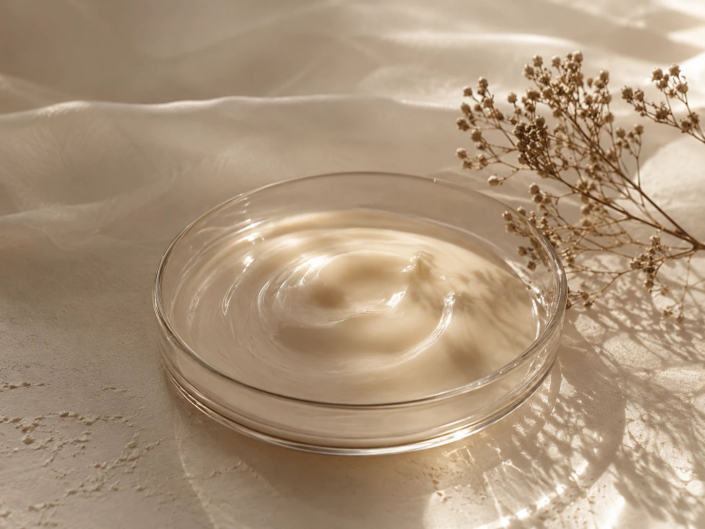 Naturkosmetische Creme in einer Glasschale mit Trockenblüten im warmen Licht