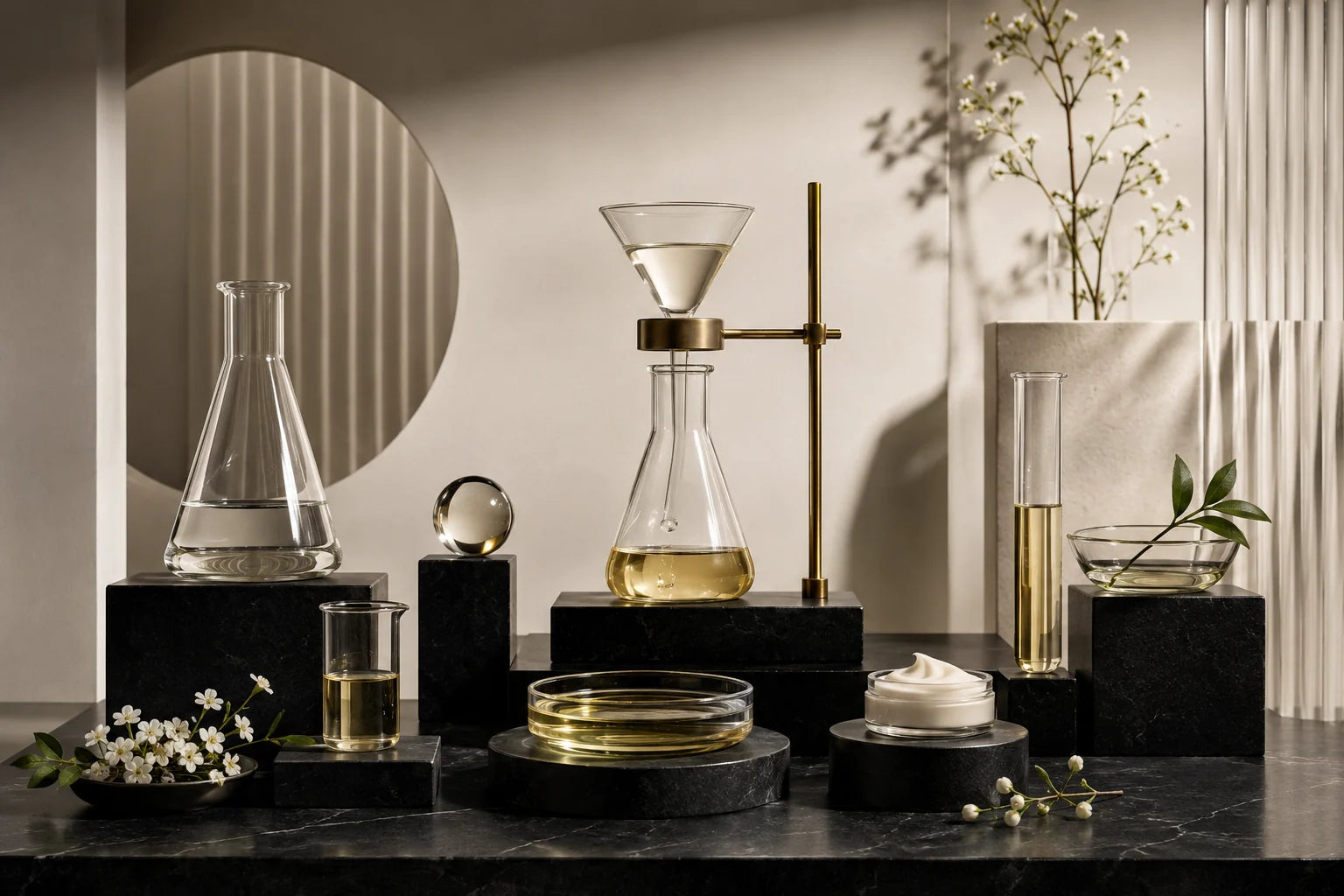 Formulation cosmétique mise en scène dans un atelier-laboratoire clair et précis